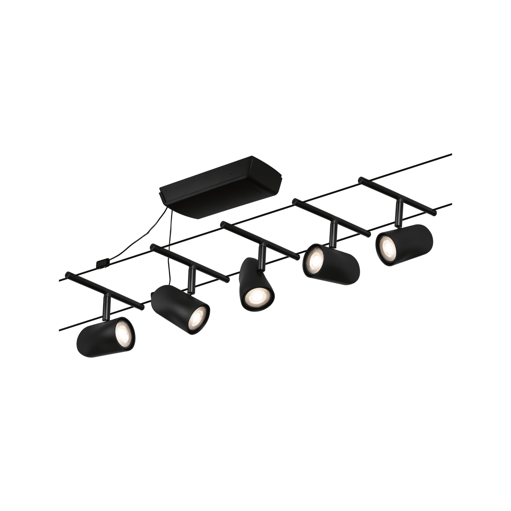 Black LED cable lighting system with five adjustable spotlights for modern room lighting