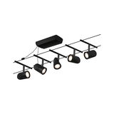 Black LED cable lighting system with five adjustable spotlights for modern room lighting