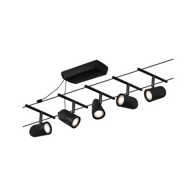 Black LED cable lighting system with five adjustable spotlights for modern room lighting