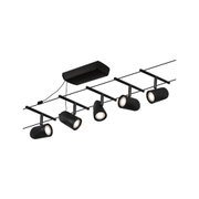 Black metal LED track light with adjustable spotlights for modern interior lighting solutions