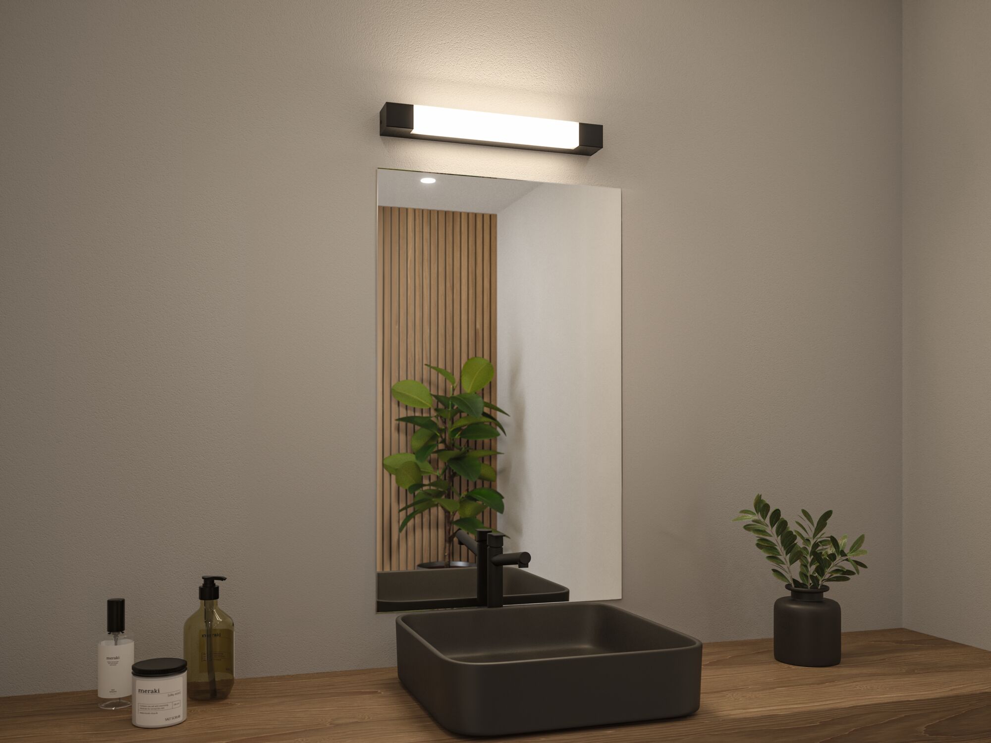 Modernes Badezimmer mit schwarzem Keramikwaschbecken, Holzarbeitsplatte und LED-Wandleuchte in Schwarz.