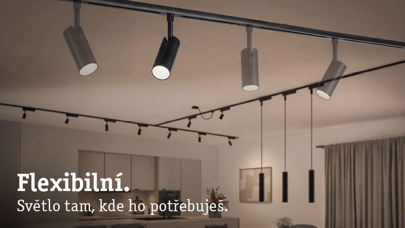 Flexibles schwarzes und graues Schienensystem mit LED-Strahlern in modernem Wohnraum für Akzentbeleuchtung