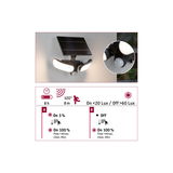 Schwarze Solar-LED-Außenleuchte mit Bewegungsmelder und zwei weißen Leuchtflächen für Garten und Terrasse.