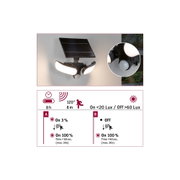 Schwarze Solar-LED-Außenleuchte mit Bewegungsmelder und zwei weißen Leuchtflächen für Garten und Terrasse.