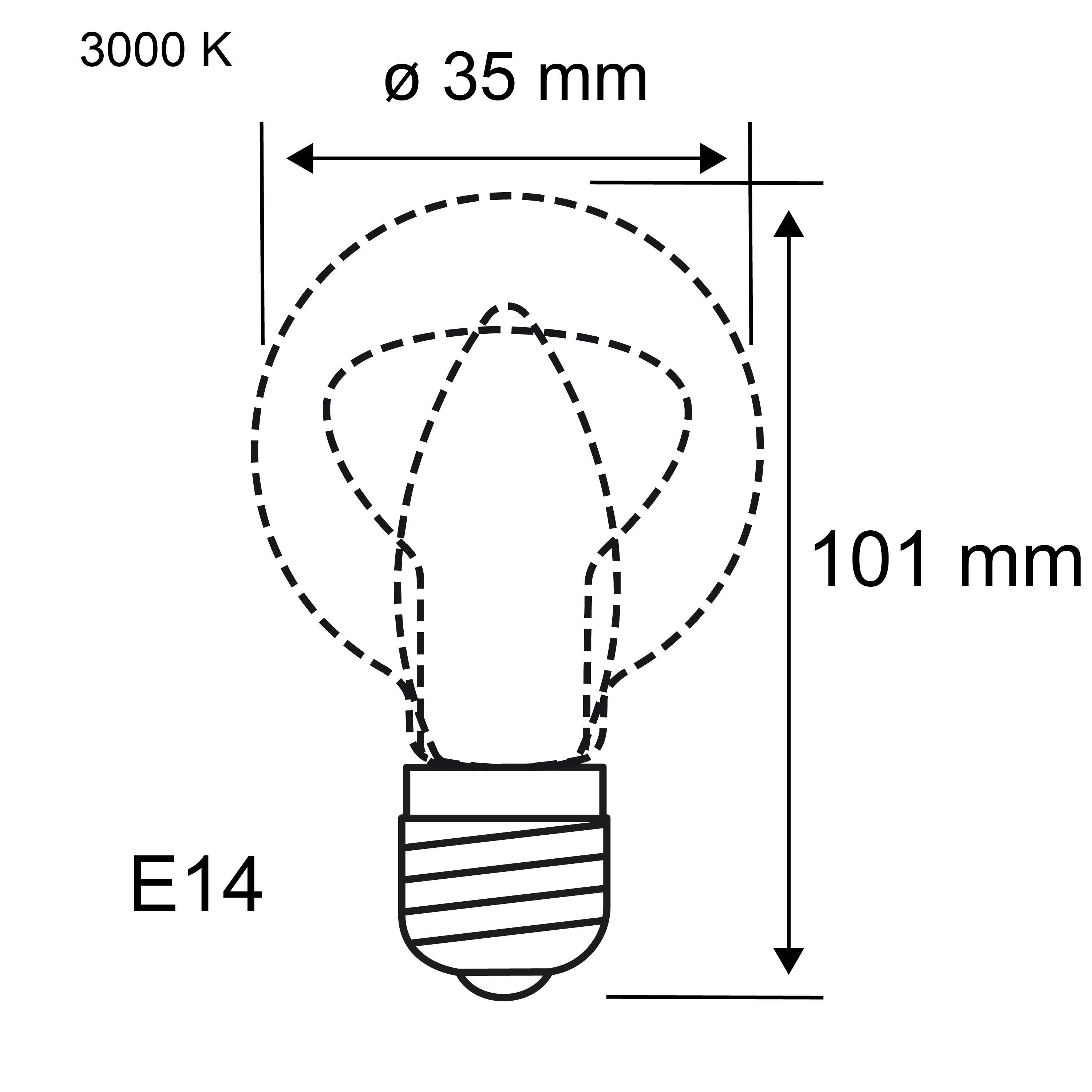 Teknisk tegning af E14 LED-pære med 35 mm diameter og 101 mm længde, 3000 K varmt lys