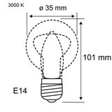 Teknisk tegning af E14 LED-pære med 35 mm diameter og 101 mm længde, 3000 K varmt lys