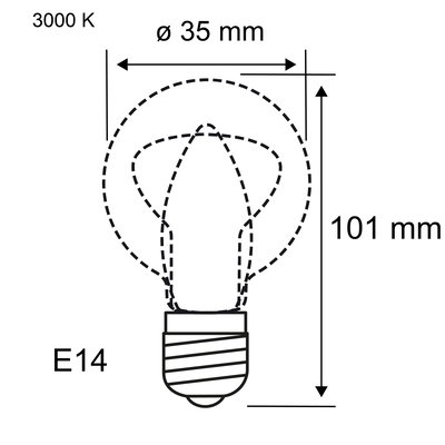 Teknisk tegning af E14 LED-pære med 35 mm diameter og 101 mm længde, 3000 K varmt lys