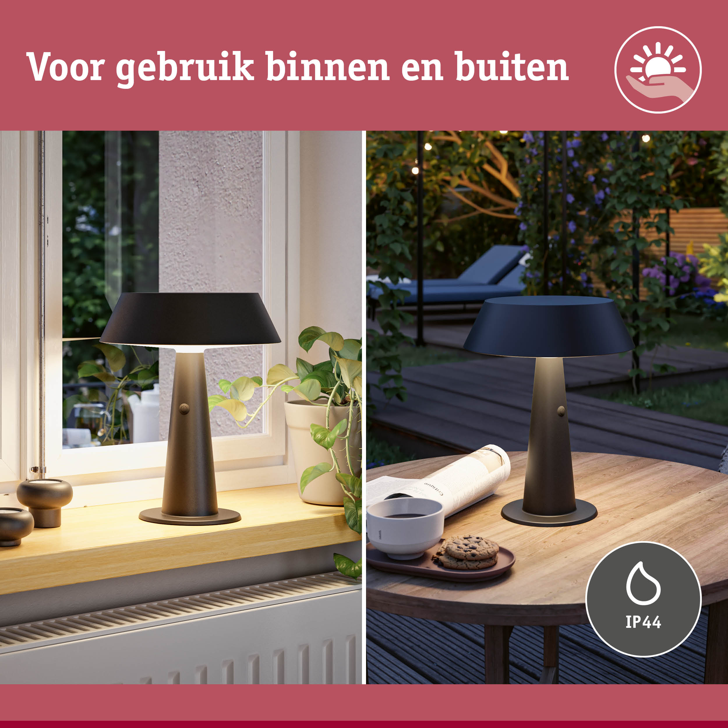 Zwarte metalen tafellamp met IP44 bescherming voor binnen- en buitengebruik, moderne LED-verlichting