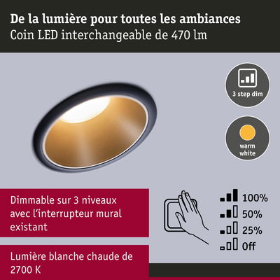 Spot LED encastré avec lumière blanc chaud 2700K et variation sur 3 niveaux par interrupteur mural