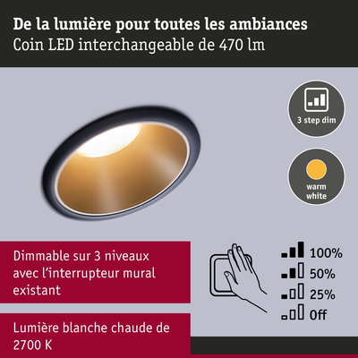 Spot LED encastré avec lumière blanc chaud 2700K et variation sur 3 niveaux par interrupteur mural