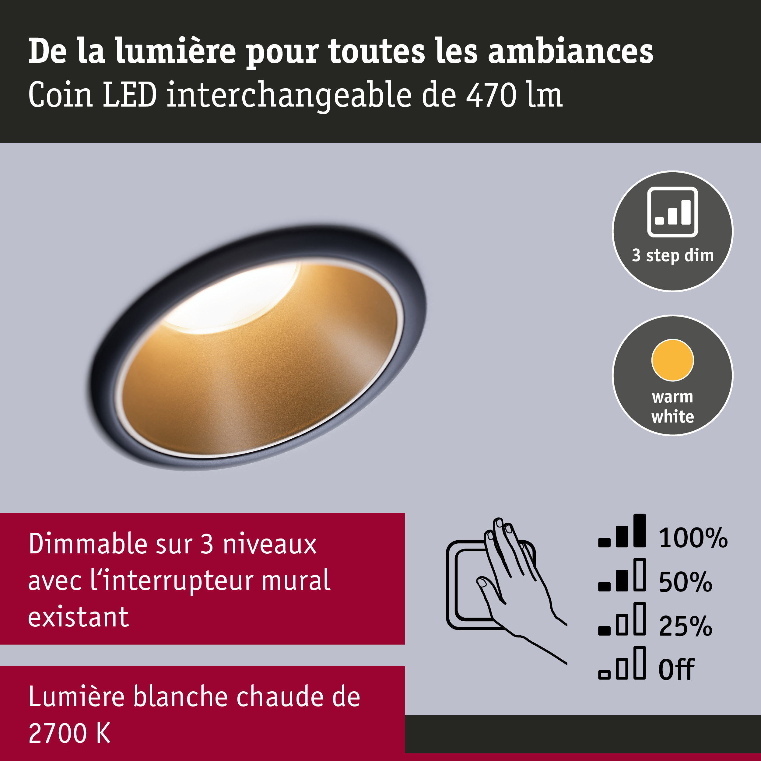Spot LED encastrable avec module LED interchangeable de 470 lm et lumière blanc chaud 2700K