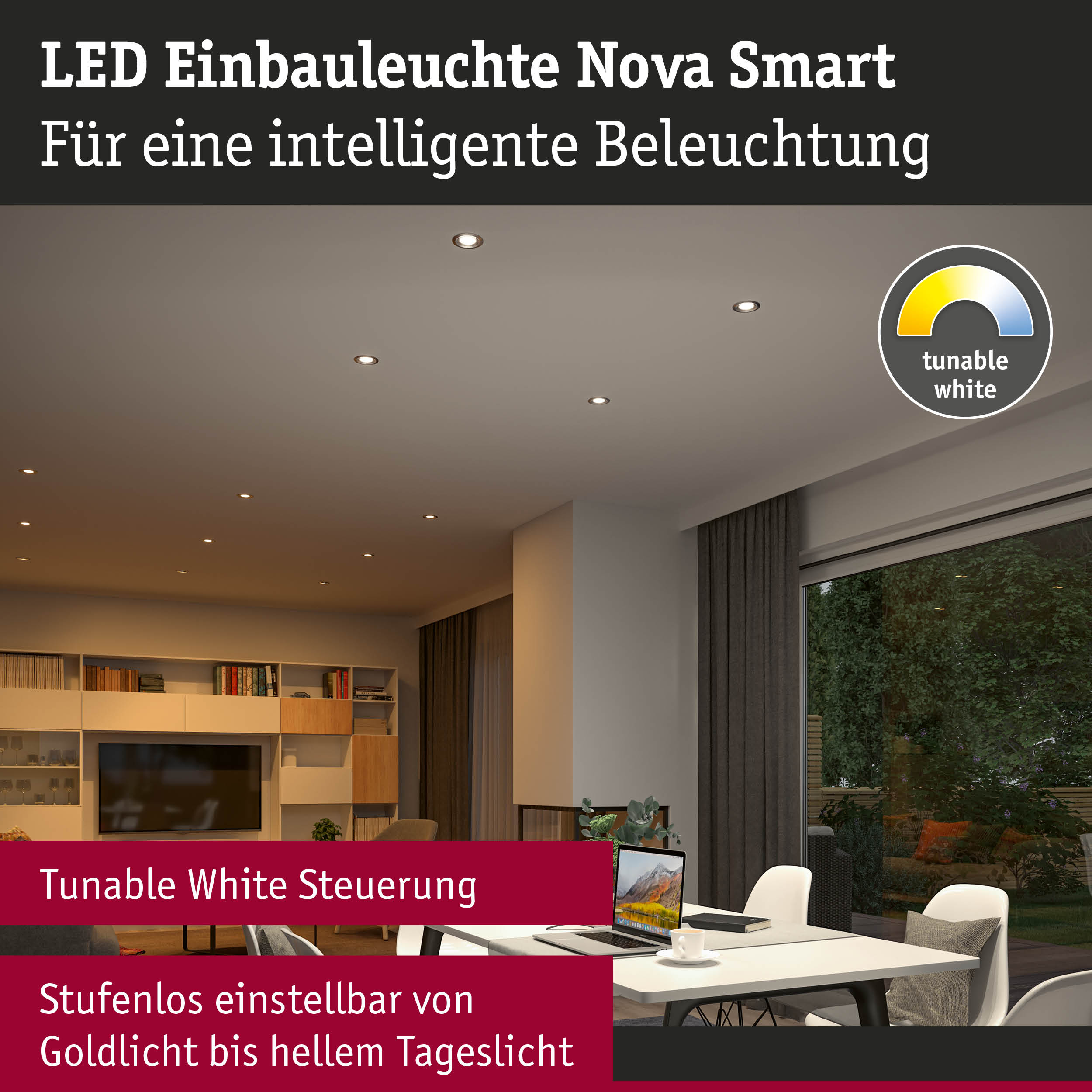 LED Einbauleuchte Nova Smart in Weiß mit Tunable White Funktion für intelligente Beleuchtung im Wohnzimmer