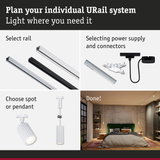 Modular URail track system with black and white aluminium rails for flexible LED lighting setup.
