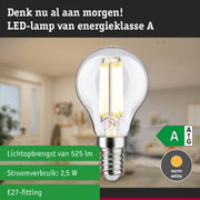 Transparante LED-lamp met warm wit licht en ultra-efficiënte energietechnologie tegen groene bosachtergrond