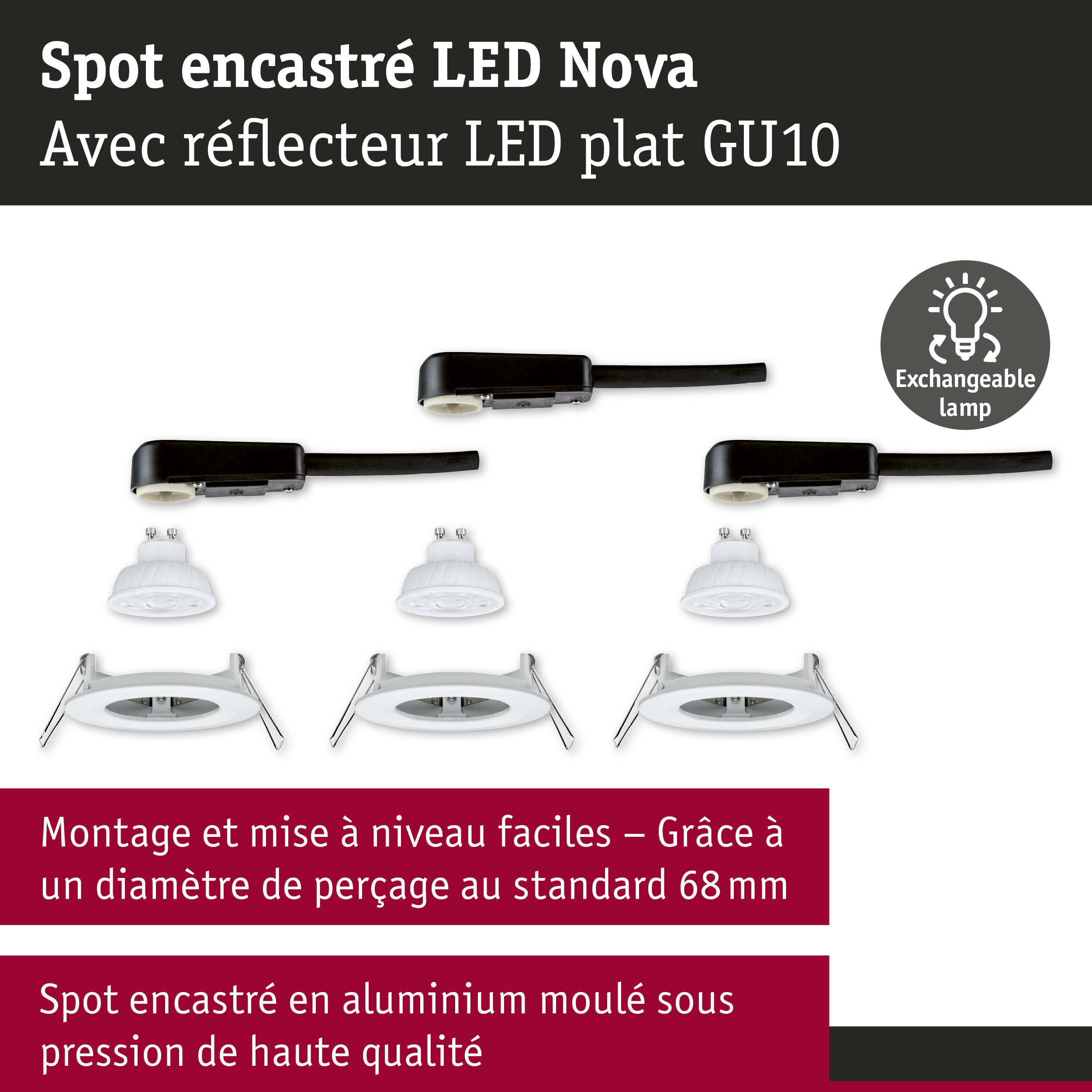 Spot encastré LED Nova en aluminium blanc avec douille LED plate GU10 et lampe interchangeable