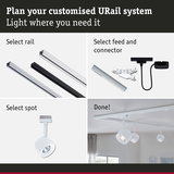Guide to customize URail lighting system with white and black rails, connectors, and white spotlights