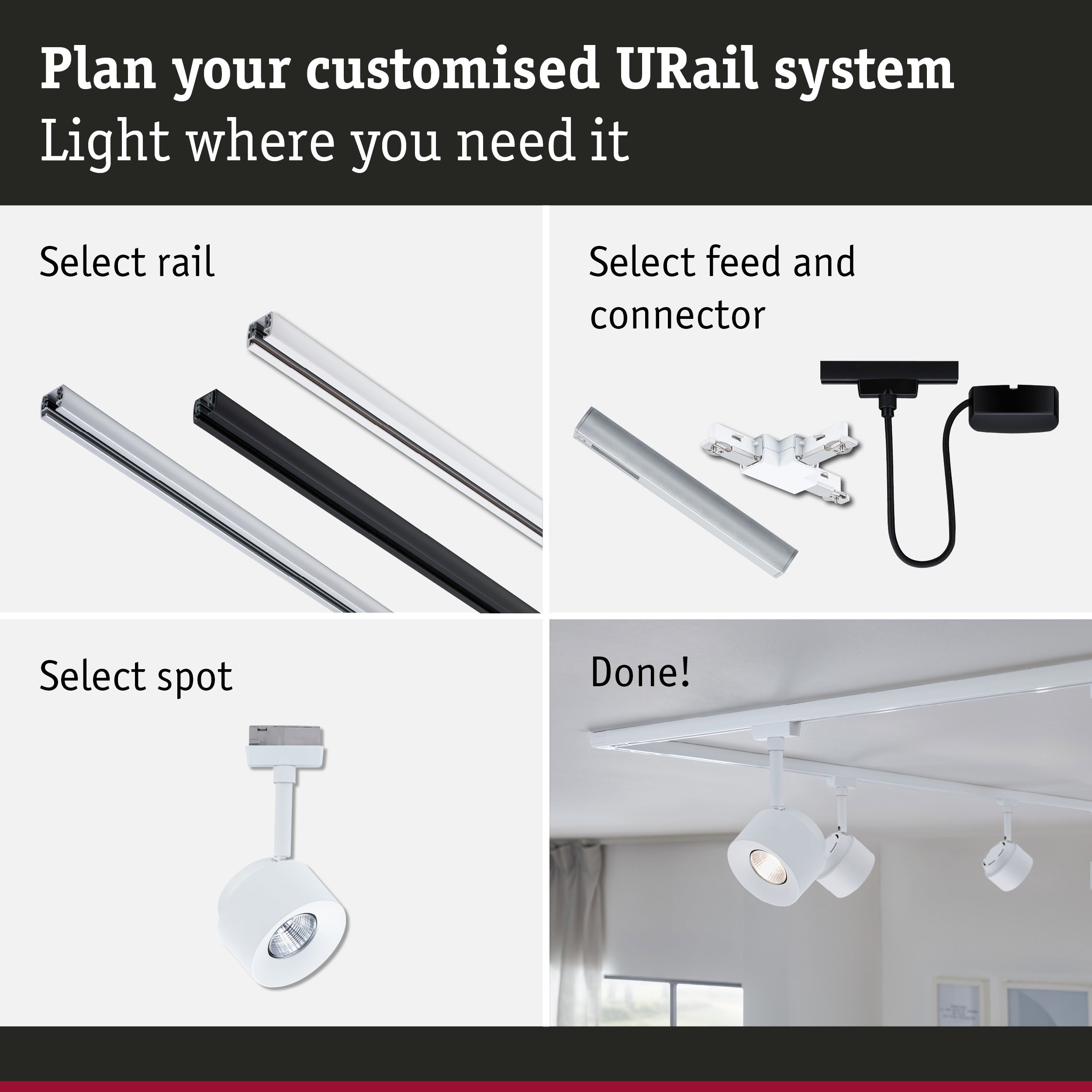 Modular URail track system with aluminium rails in black, white and silver for flexible LED lighting