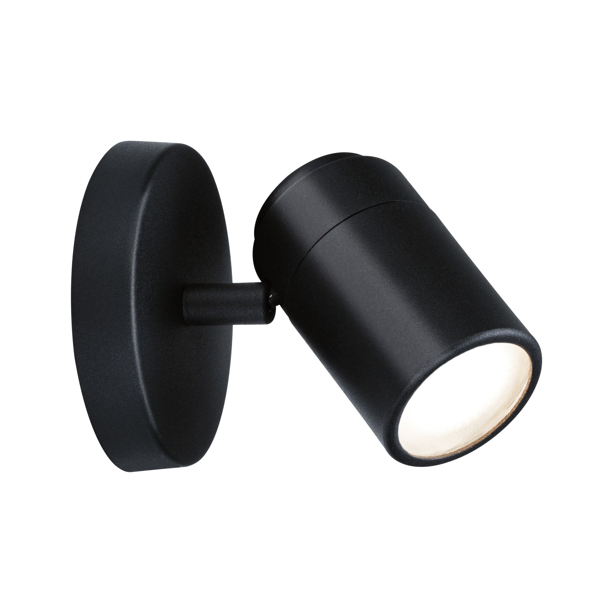 Black metal LED wall spotlight with round base and adjustable head for accent lighting in interiors