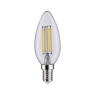 Clear LED candle bulb with E14 base and visible yellow filaments for energy-efficient lighting