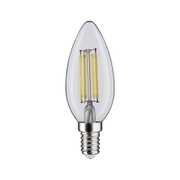 Klarer LED-Kerzenlampe mit E14-Fassung und sichtbaren gelben Filamenten für energiesparende Beleuchtung