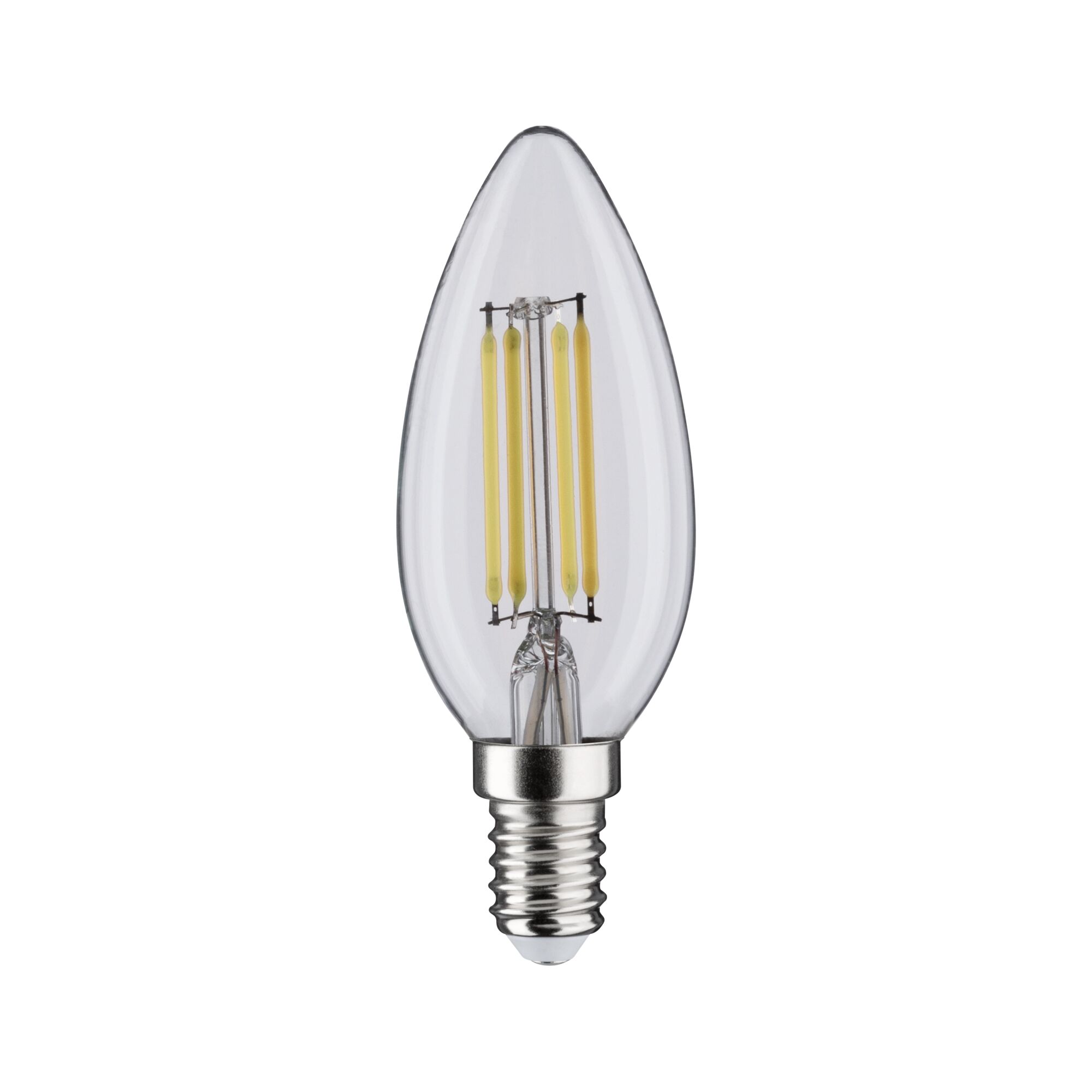 Klarer LED-Kerzenlampe mit E14-Fassung und sichtbaren gelben Filamenten für energiesparende Beleuchtung