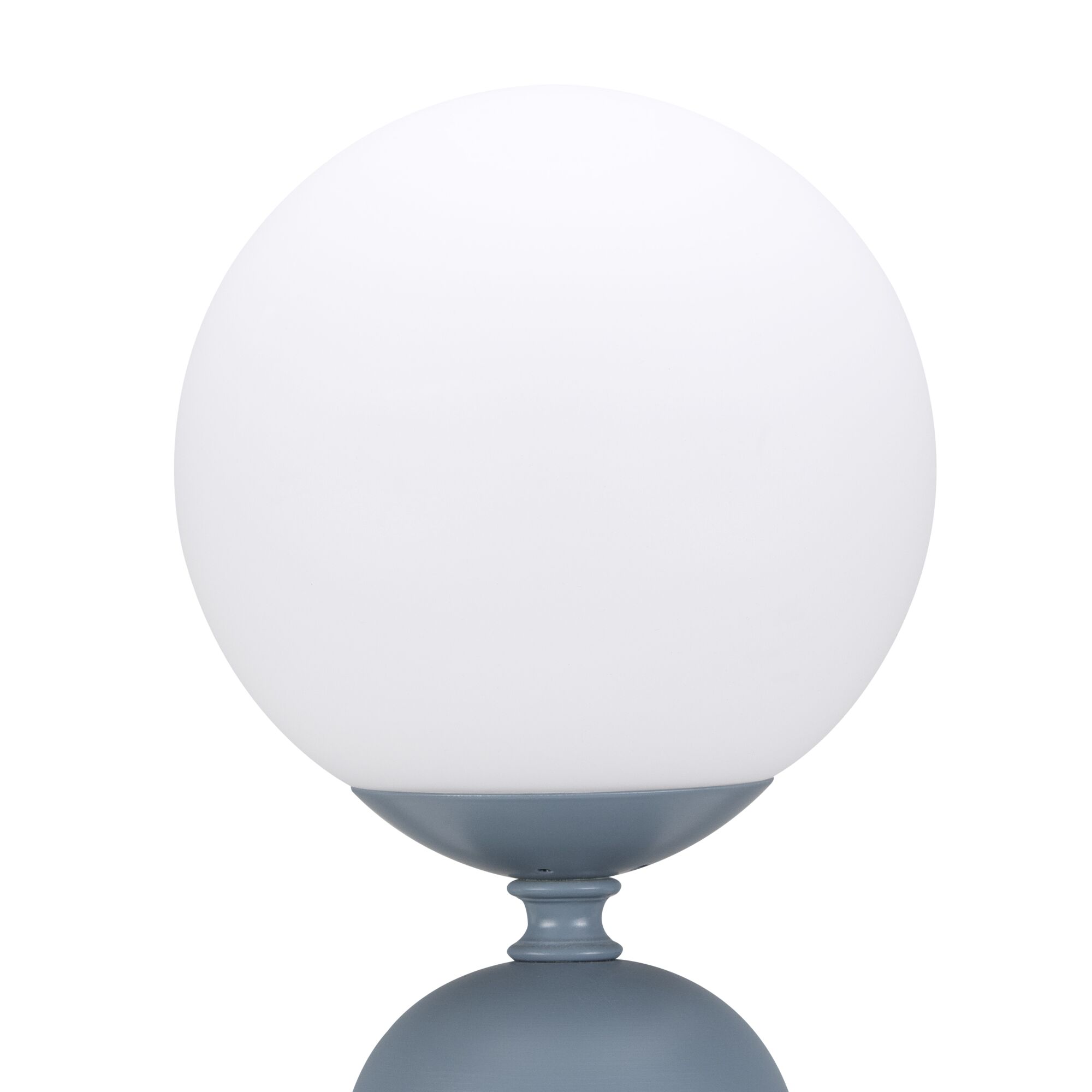 Moderne bolvormige tafellamp met wit glas en grijze metalen voet voor stijlvolle verlichting