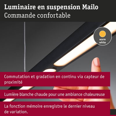 Luminaire suspendu noir Mailo avec lumière blanc chaud et commande tactile pour une ambiance chaleureuse