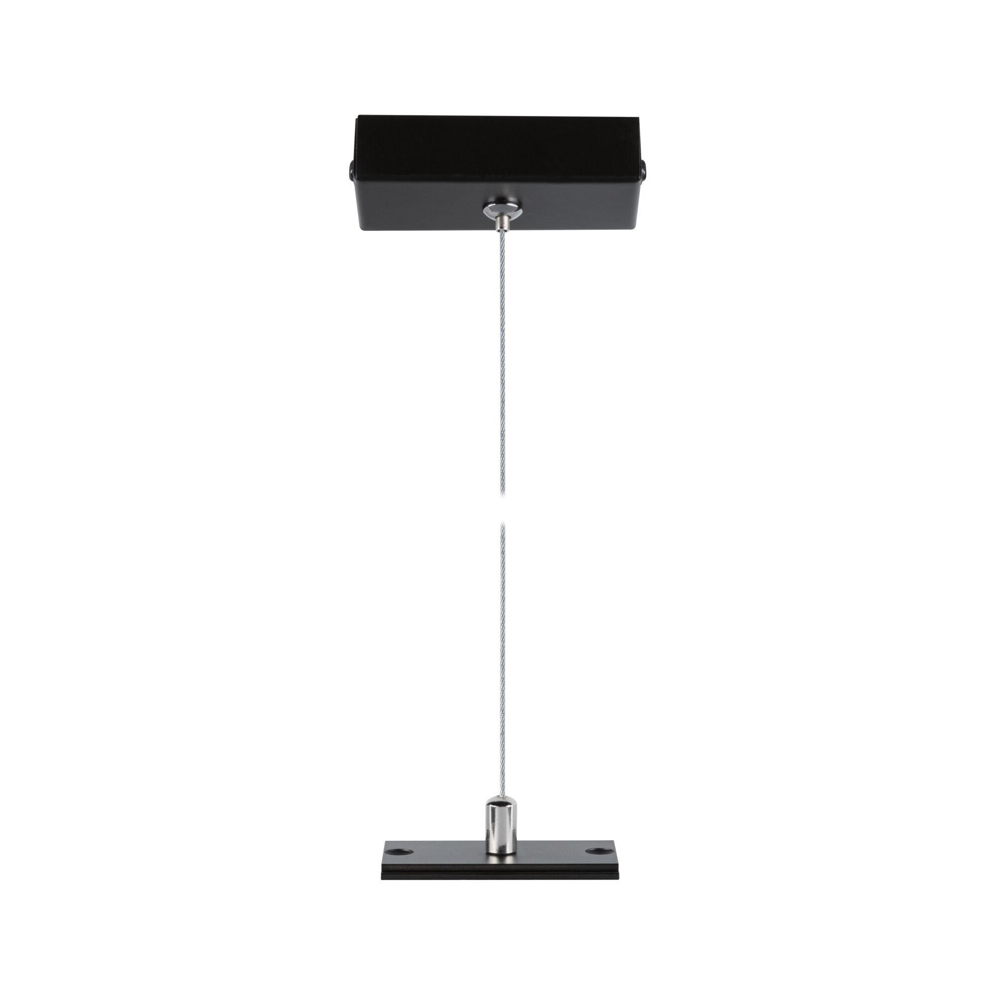 Black metal ceiling mount with steel cable for light fixture suspension, modern design