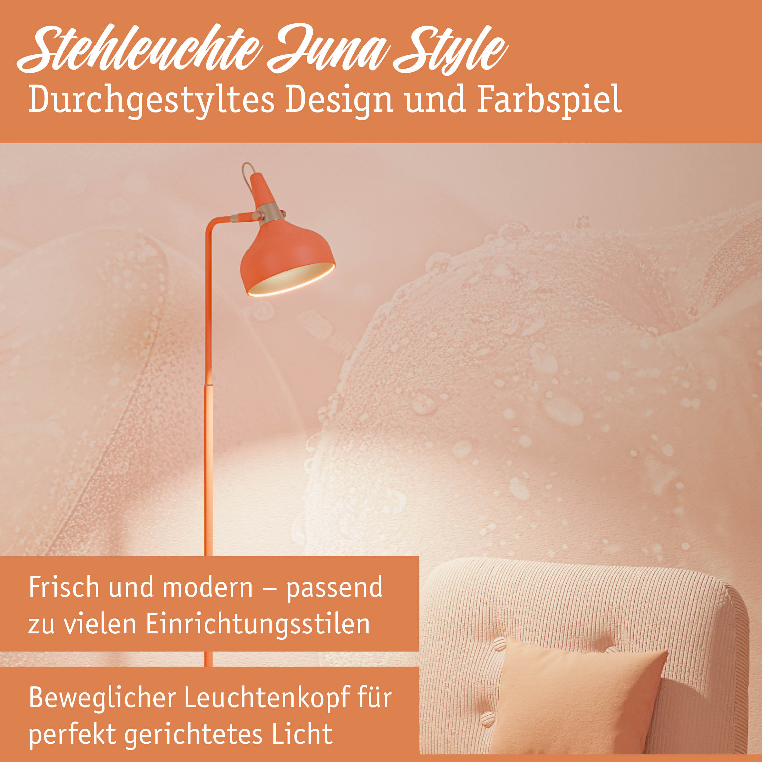 Stehleuchte Juna Style in Orange mit beweglichem Leuchtenkopf für gezieltes Licht im Wohnzimmer
