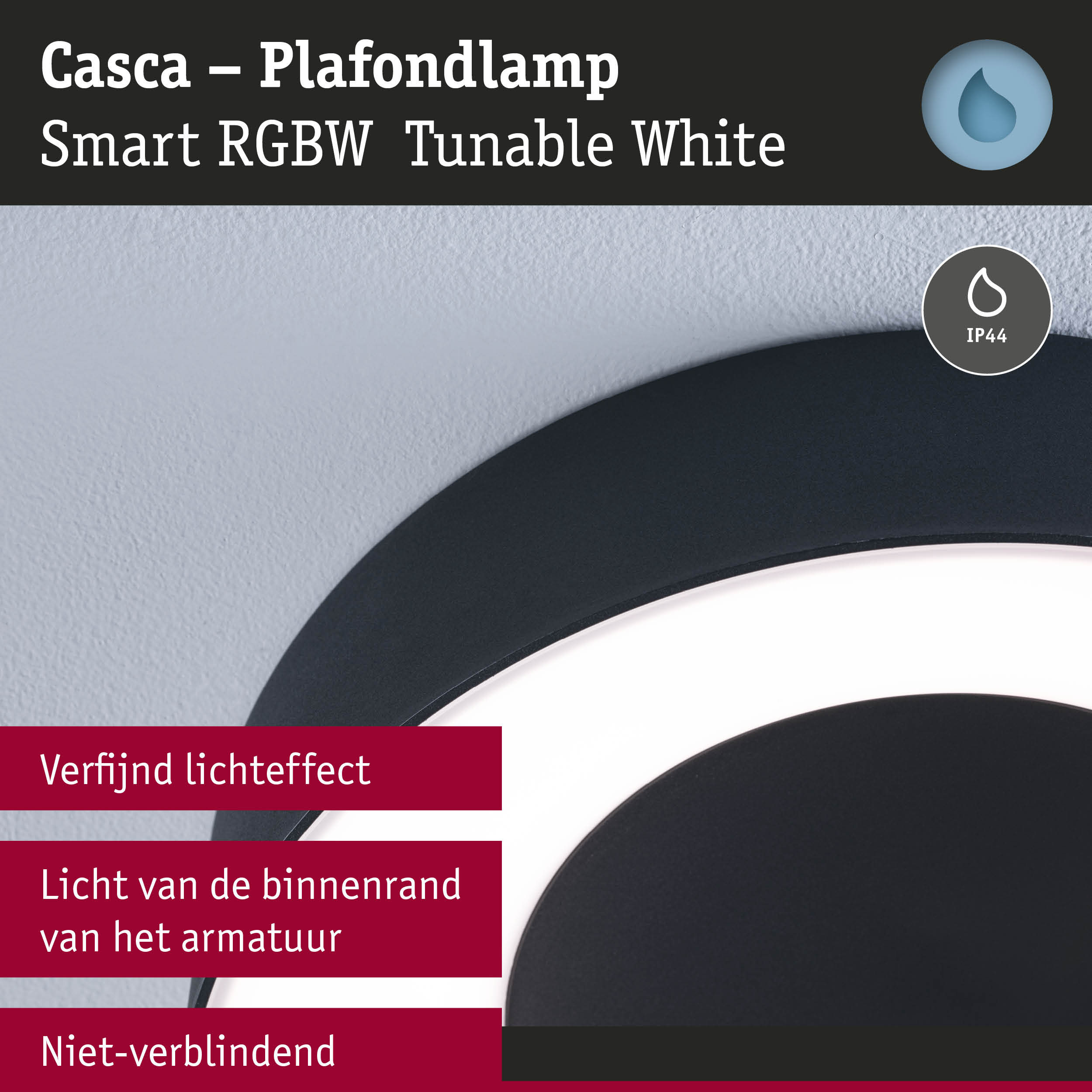 Casca Smart RGBW zwarte plafondlamp met instelbaar wit licht en IP44 bescherming voor binnen