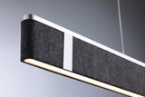 Suspension moderne en feutre noir avec cadre en aluminium et lumière LED blanc chaud pour intérieur.