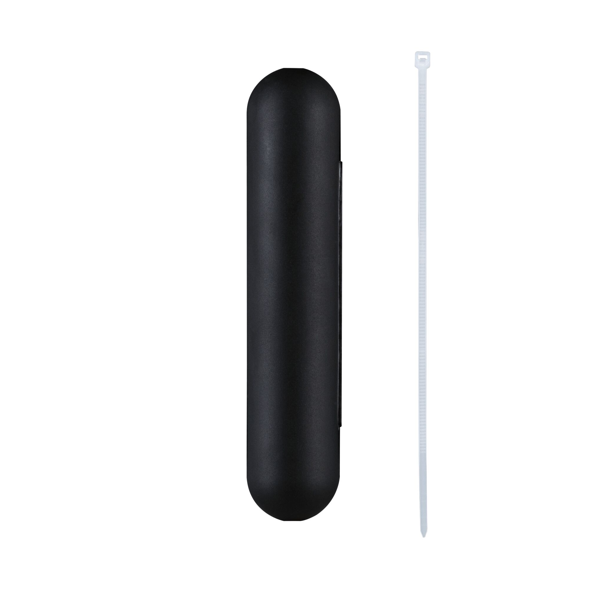 Black plastic casing with rounded ends and white cable tie for cable management.