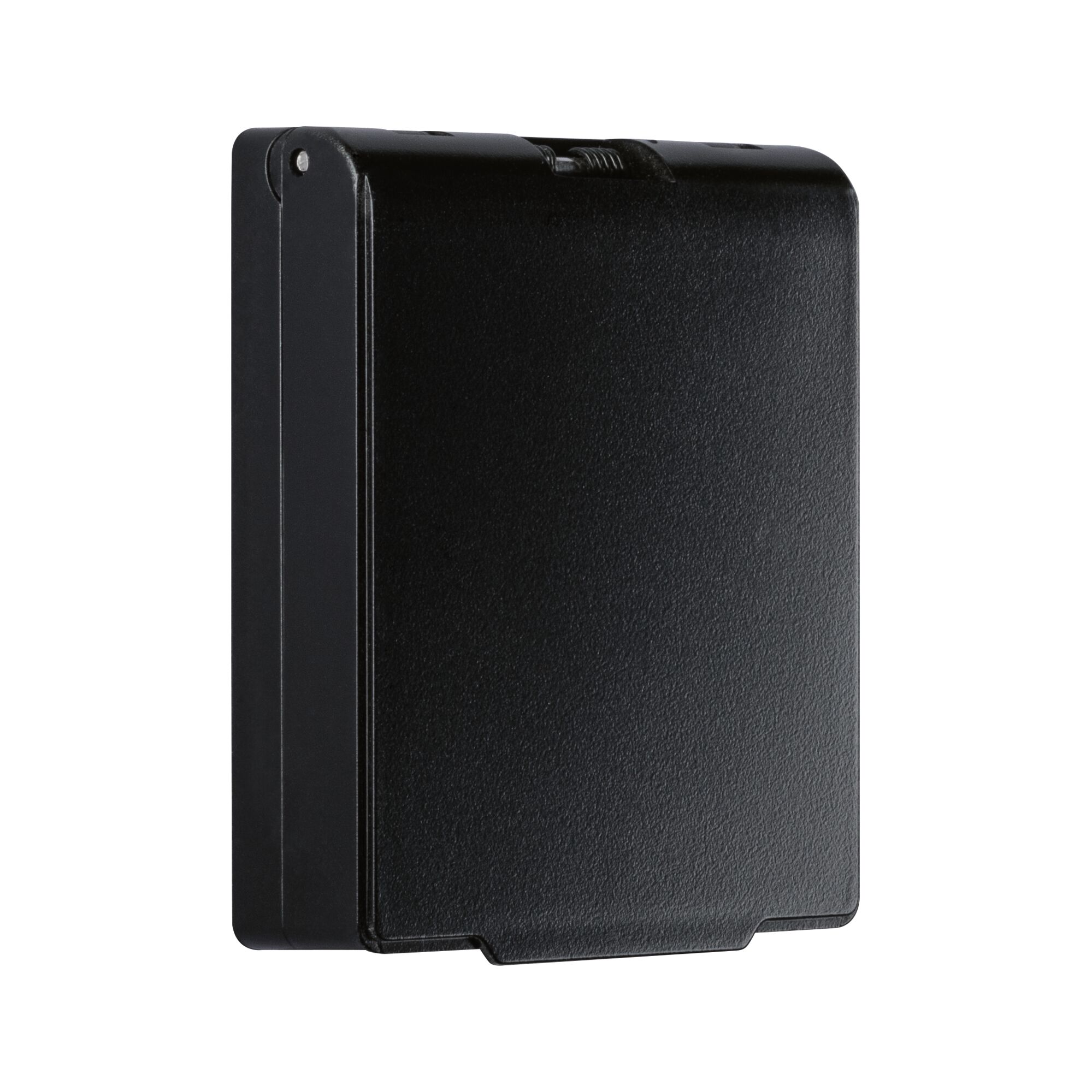 Zwart kunststof behuizing met glad oppervlak, compact ontwerp voor elektronica of verlichting.