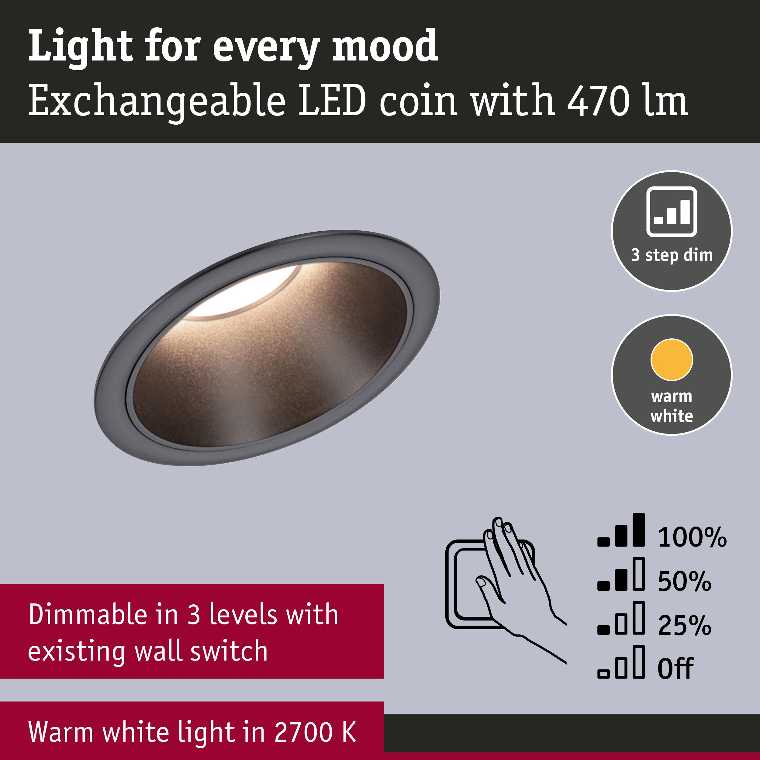 Dimmable grey LED recessed spotlight with warm white 2700K light and 3-step dimming via wall switch