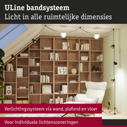 Groen ULine bandsysteem met witte bolverlichting en zwarte spots in moderne woonkamer met houten kast