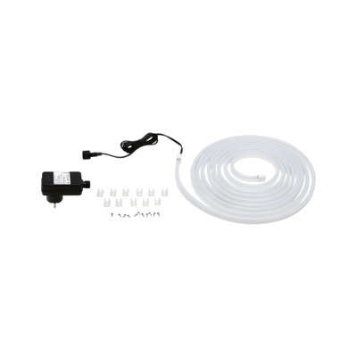 White LED strip with power adapter and clips for flexible indoor lighting solutions
