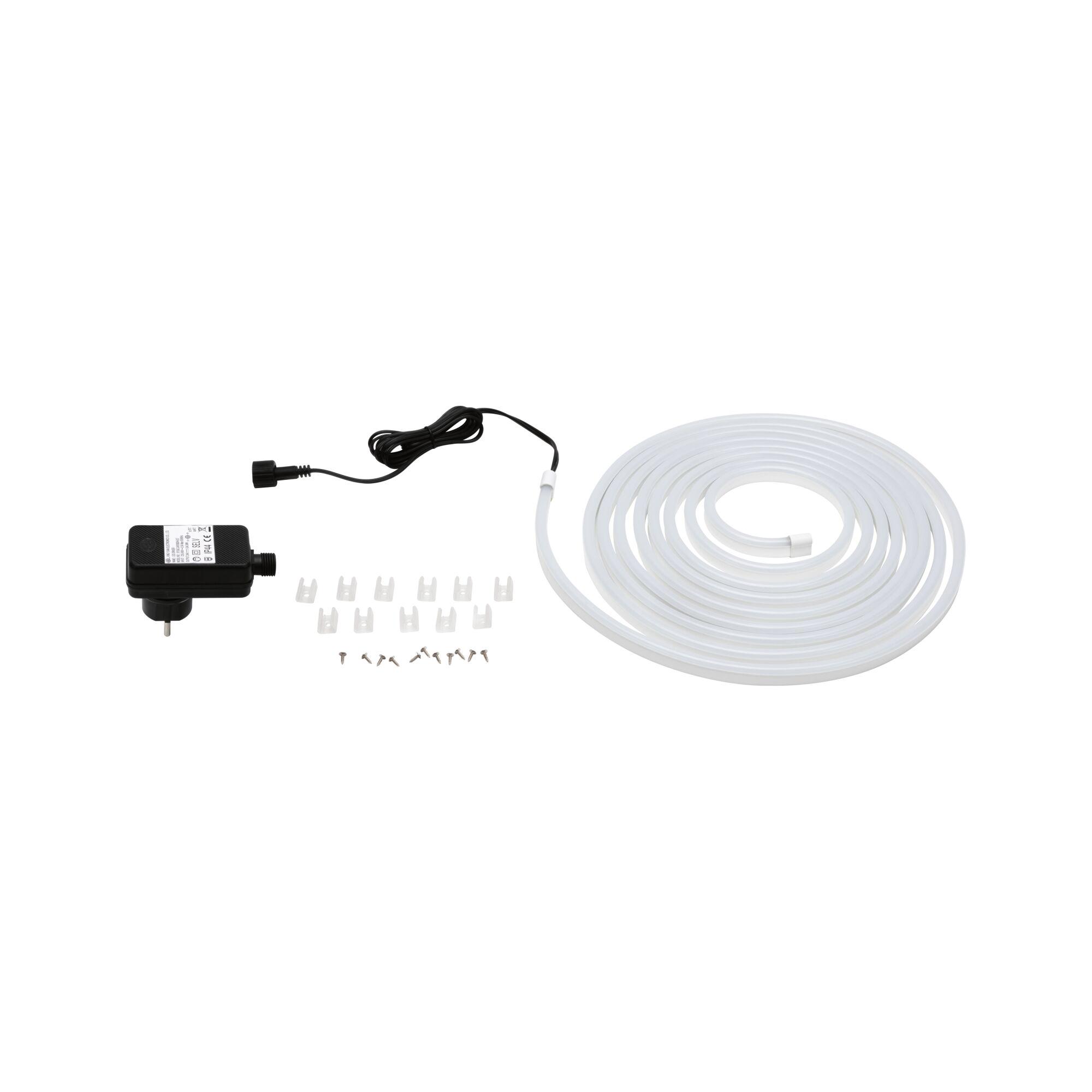 White LED strip with power adapter and clips for flexible indoor lighting solutions