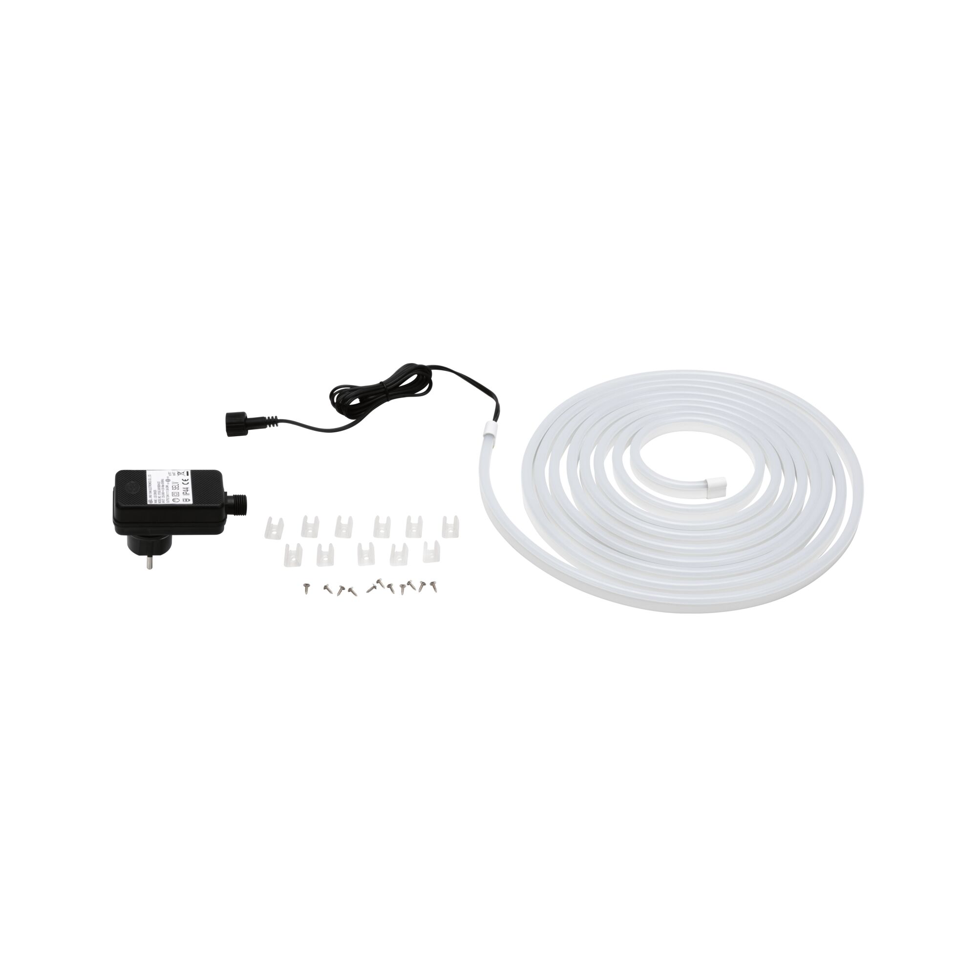 Witte LED-strip met adapter en bevestigingsclips voor flexibele binnenverlichting