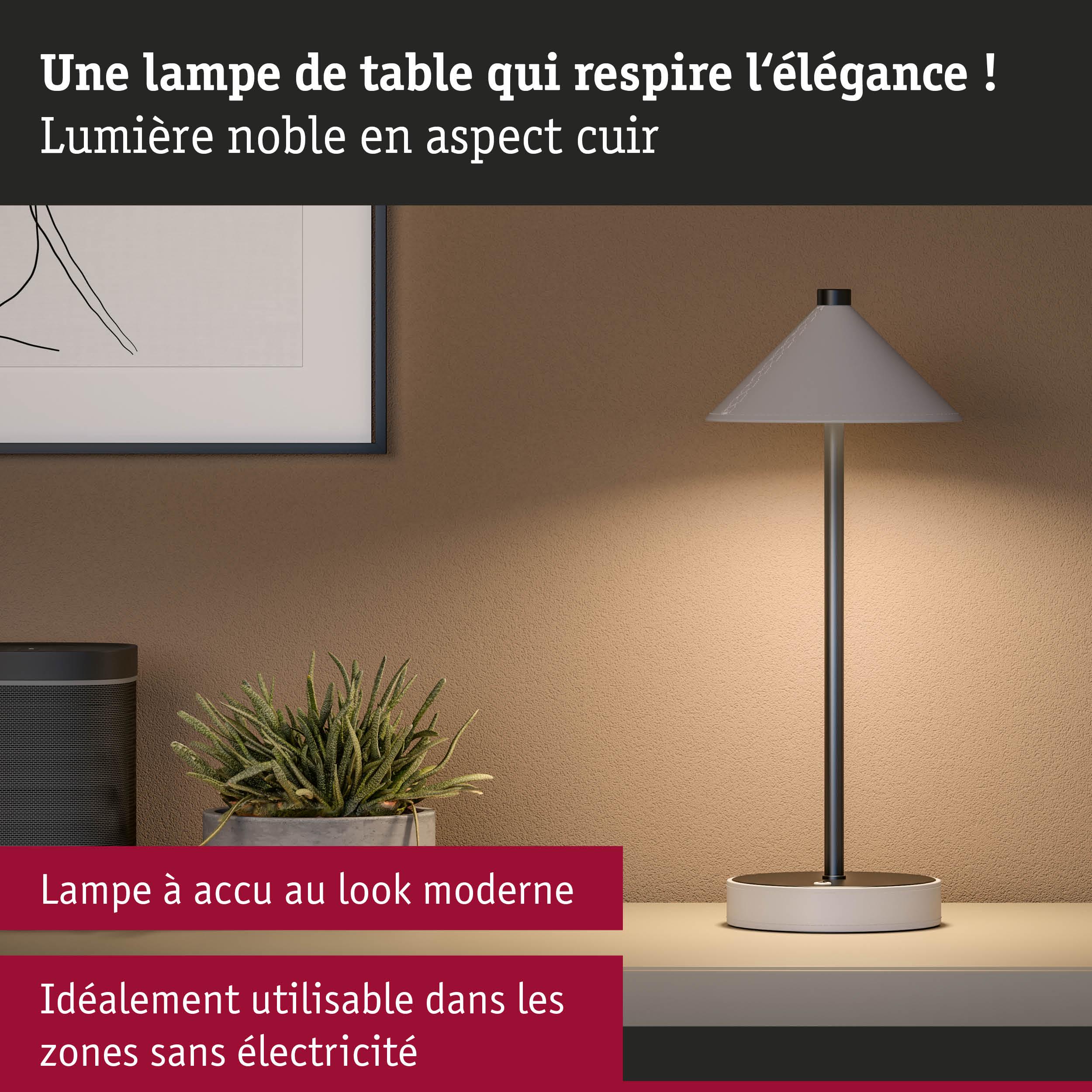 Lampe de table rechargeable beige aspect cuir, idéale pour zones sans électricité avec lumière élégante