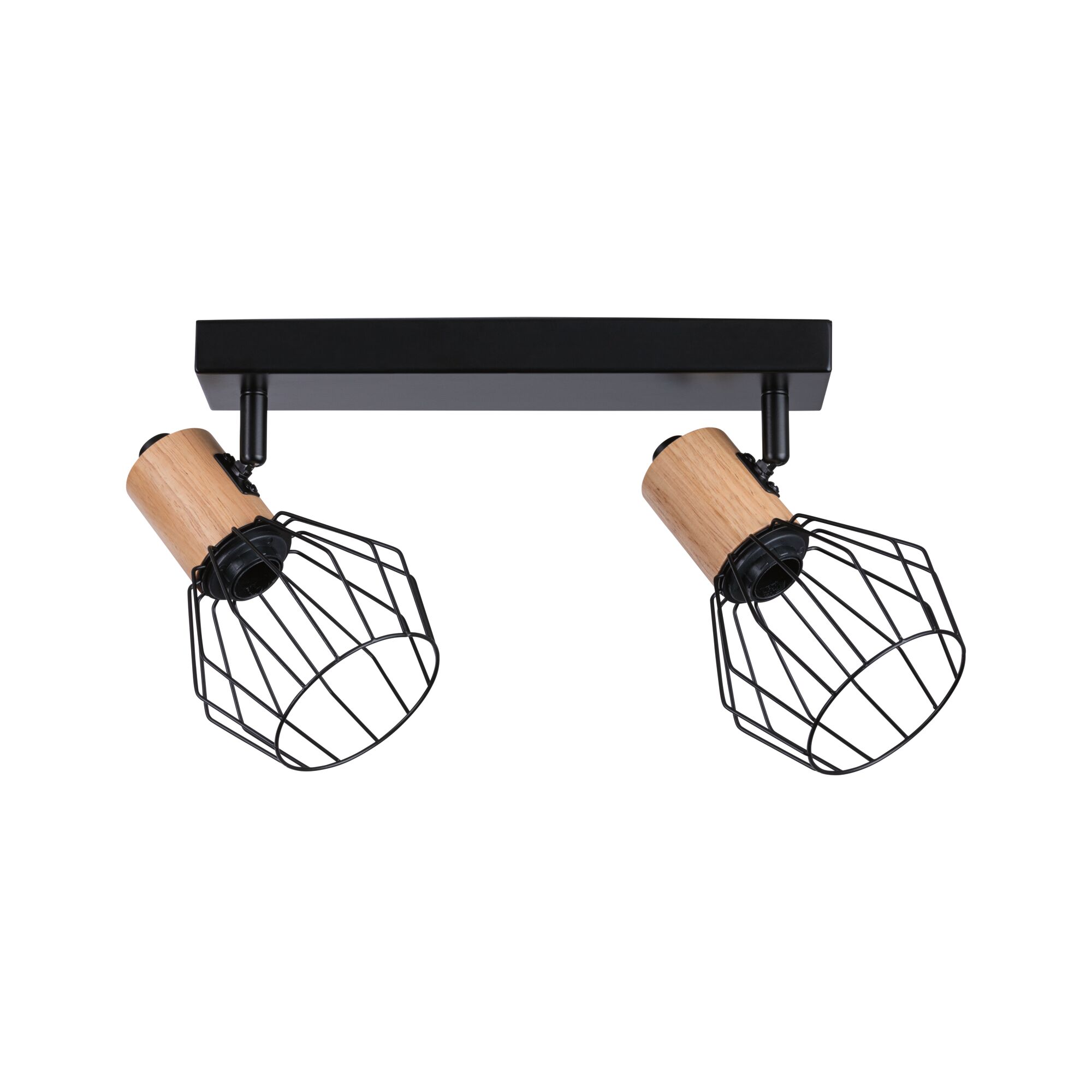 Ceiling spotlight with two adjustable wooden lights and black metal cage for living spaces