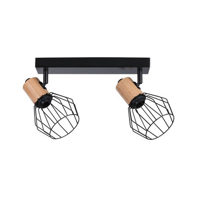 Ceiling spotlight with two adjustable wooden lights and black metal cage for living spaces