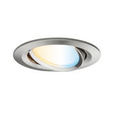 Round recessed spotlight in brushed stainless steel with adjustable angle and warm white LED light