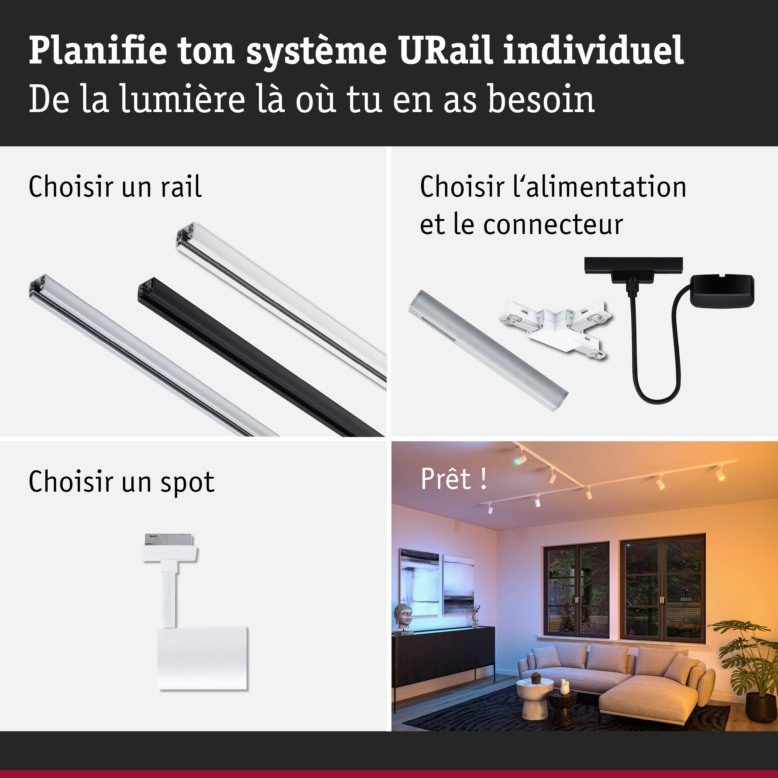 Système de rail modulaire URail en aluminium noir et blanc pour éclairage LED flexible