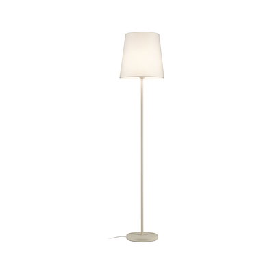 Stehende Stofflampe in Beige mit rundem Metallfuß, moderne Wohnzimmerbeleuchtung