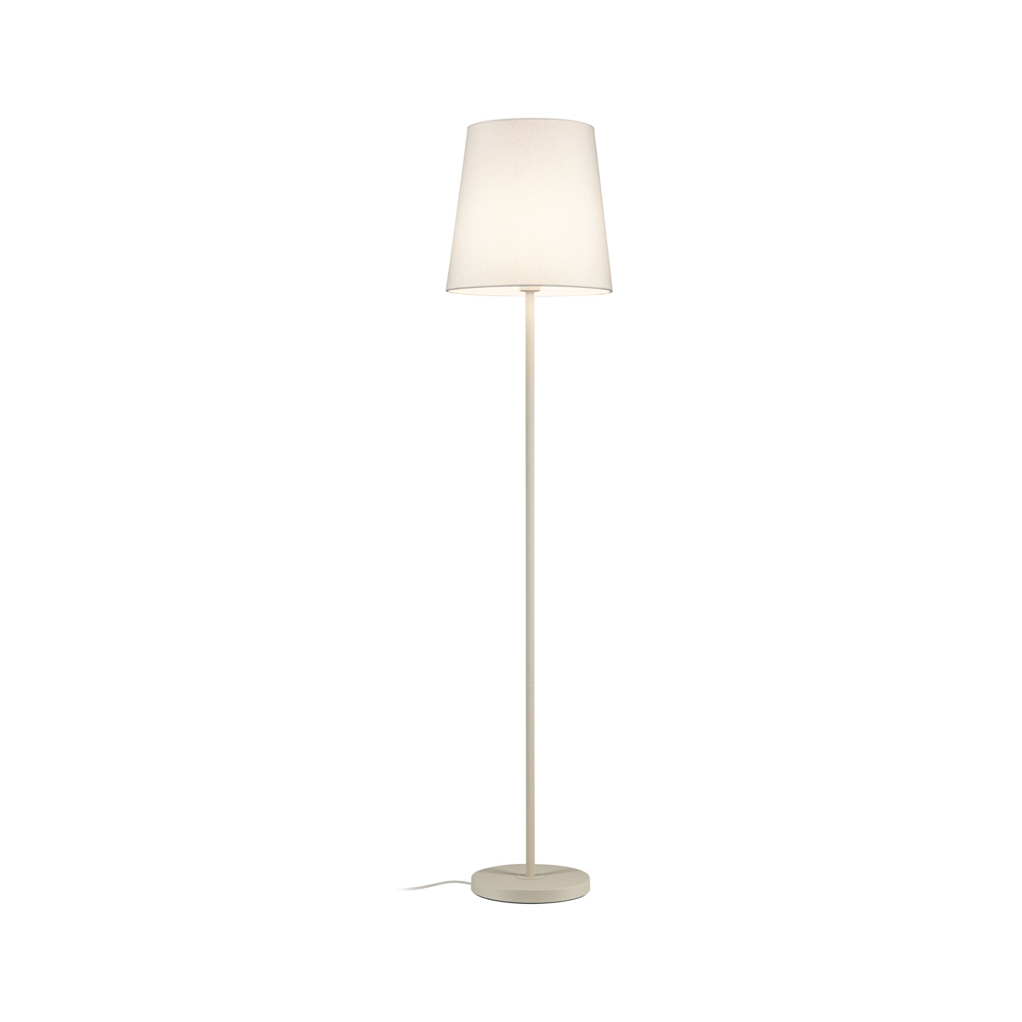 Beige fabric floor lamp with round metal base, modern living room lighting