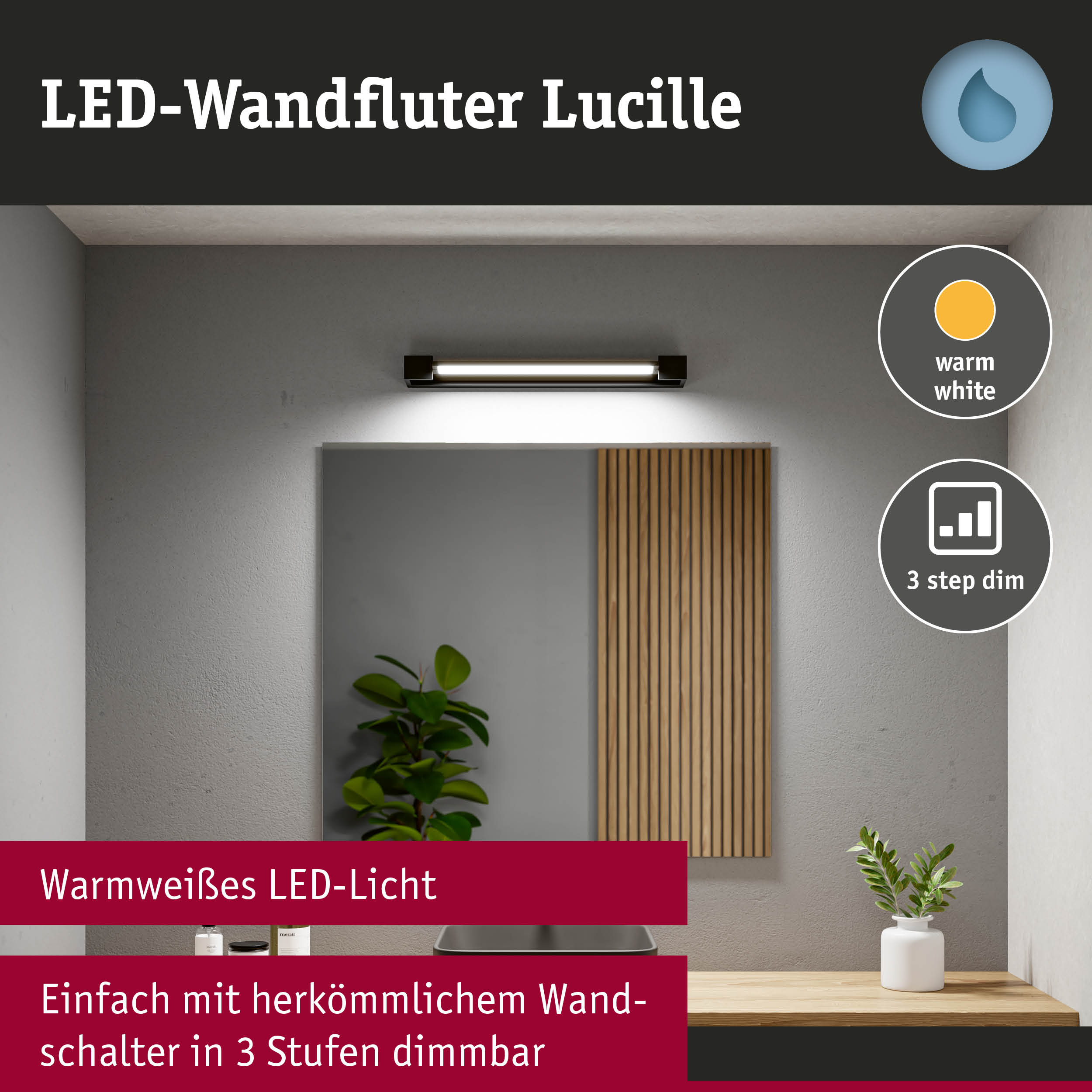 LED-Wandfluter Lucille in Schwarz mit warmweißem Licht, dimmbar in 3 Stufen für Wohnraumbeleuchtung
