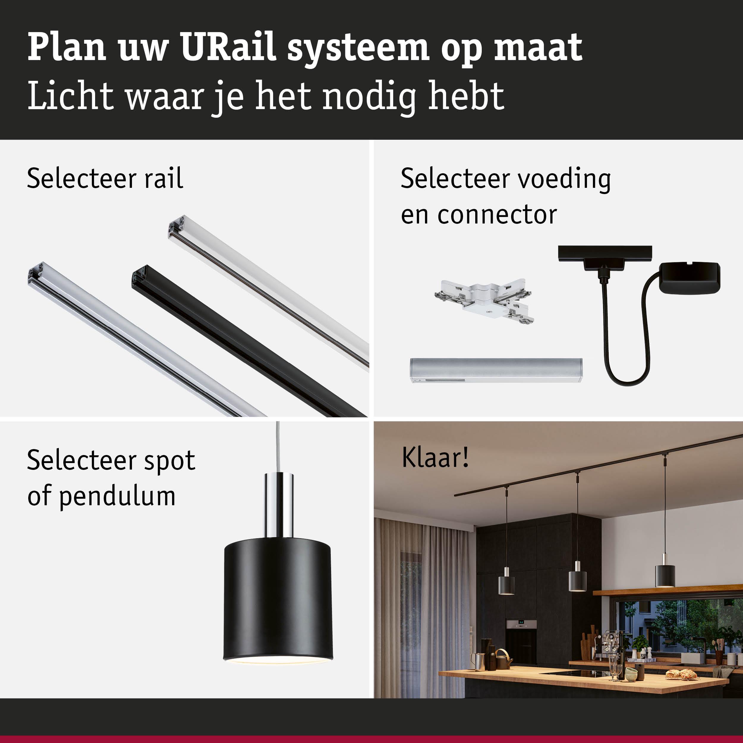 Zwarte pendelverlichting met URail-rails en connectoren voor een flexibel verlichtingssysteem.