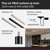 Zwarte pendelverlichting met URail-rails en connectoren voor een flexibel verlichtingssysteem.