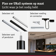 Modulair URail railsysteem met zwarte en witte rails, connectoren en zwarte pendellamp voor maatwerkverlichting