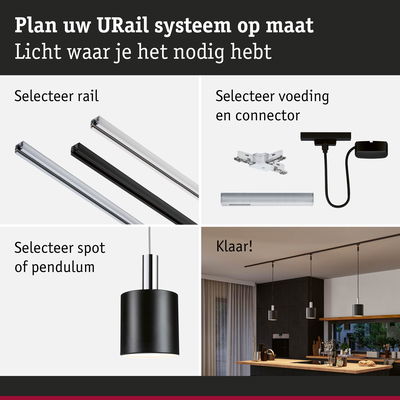 Zwarte pendelverlichting met URail-rails en connectoren voor een flexibel verlichtingssysteem.